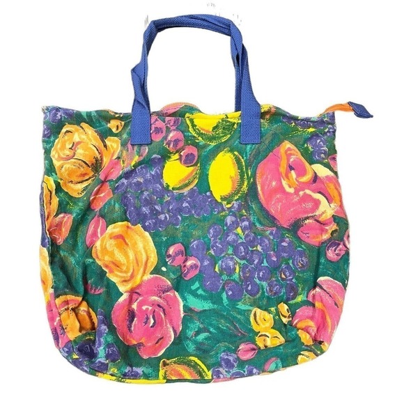 Vintage Handbags - VINTAGE Floral Fruit Tote Bag Shopping Blue Pink Orange